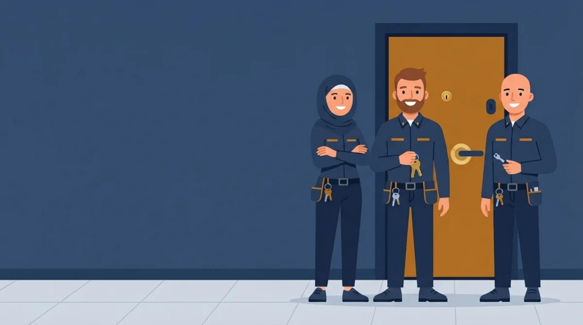 من نحن 1 رسم توضيحي لفنيي أقفال أمام باب شقة